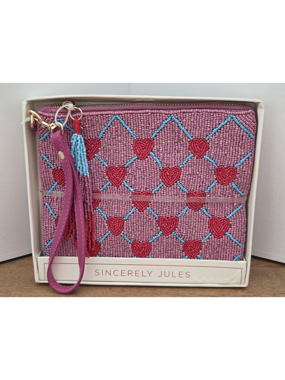 Sincerely Jules Beaded Heart Wristlet Clutch Pink Red Blue Zip Pouch NIB